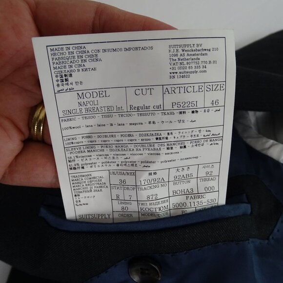 Suitsupply Zignone Napoli 2-Button Wool Suit Jacket Grey Regular Fit Men Size 46 - Picture 7 of 12